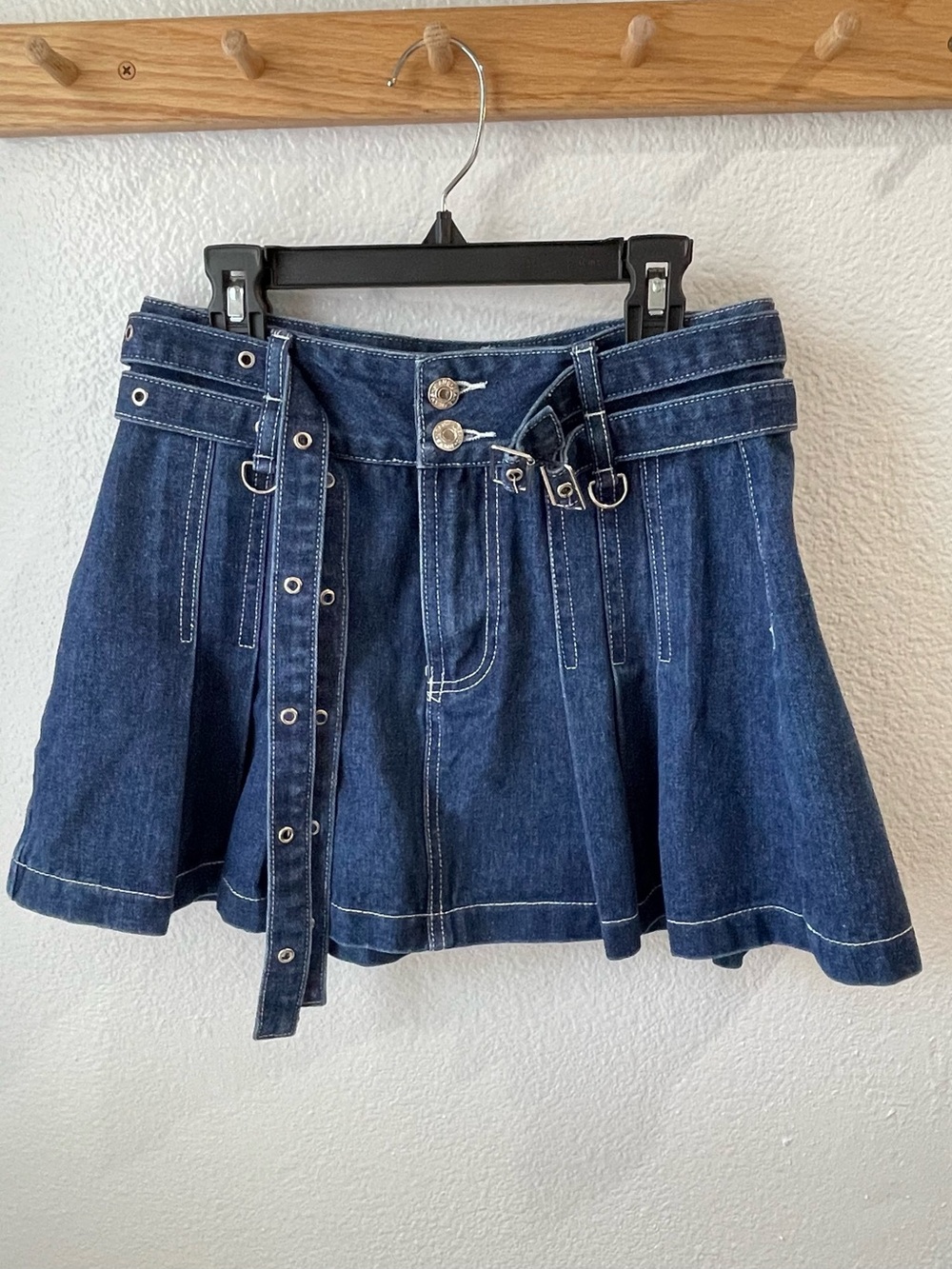Pleated Denim Mini Skirt Double Belted S Y2K Grunge Punk Skater Indie Goth Edgy
